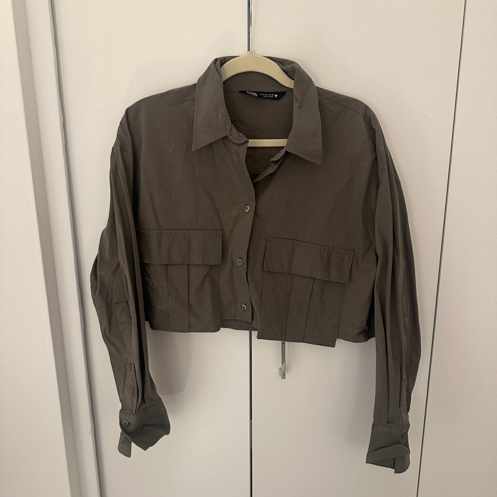 Zara Khaki Utility Cropped Shirt
